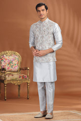 Light Grey Silk Embroidered Kurta Pajama with Jacket